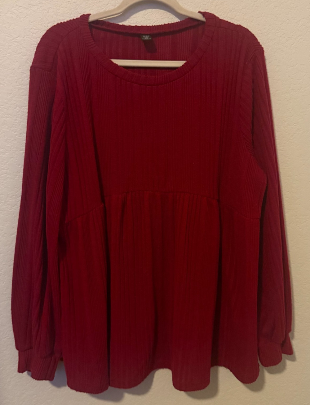 SHEIN Curve Top 2XL Red Ribbed Long Sleeve Peplum Tunic Knit Plus Size Blouse